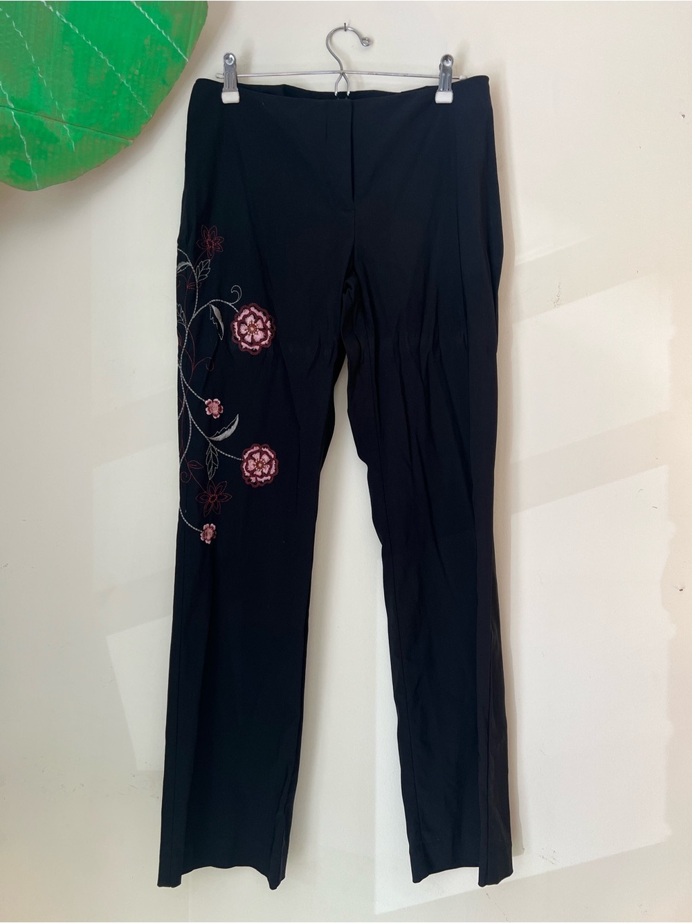 INC International Concepts Black Straight-Leg Pants with Pink Floral Embroidery